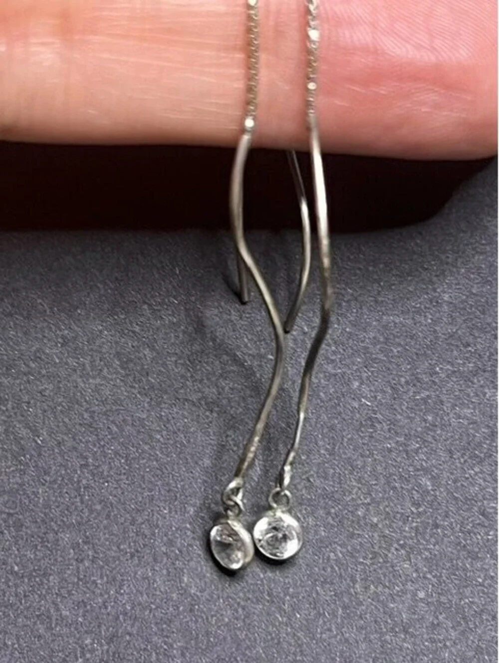 B6641 Vintage Wavy Threader Drop Earrings Sterling Silver Clear CZ Dangle